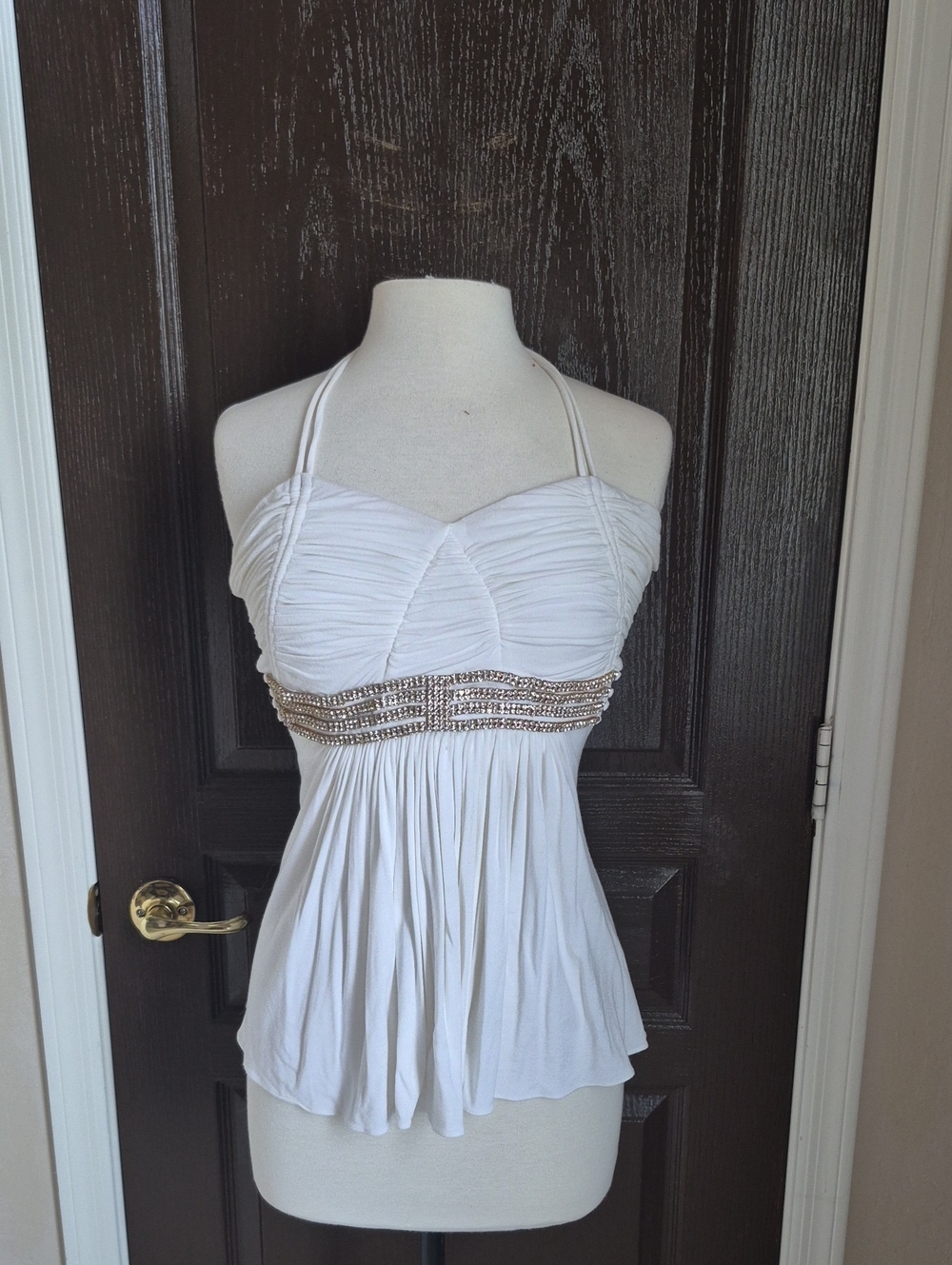 Sky White Ruched Halter with Rhinestones